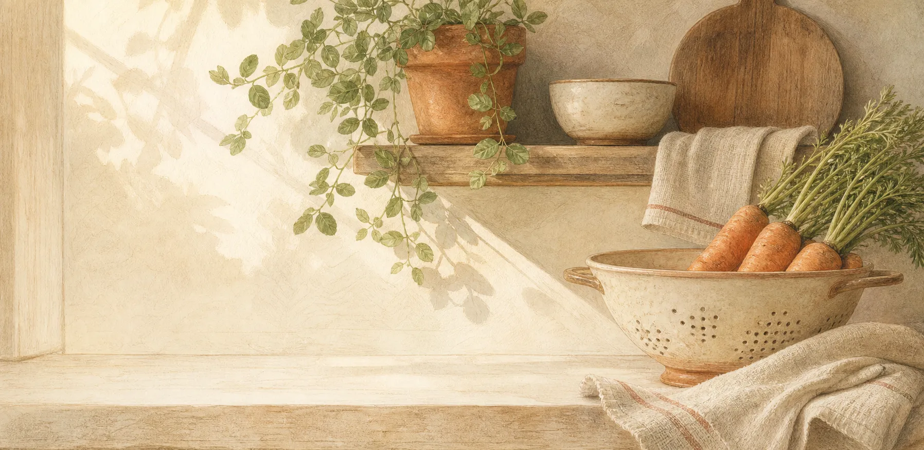 A warm, sunlit kitchen nook with pantry shelves