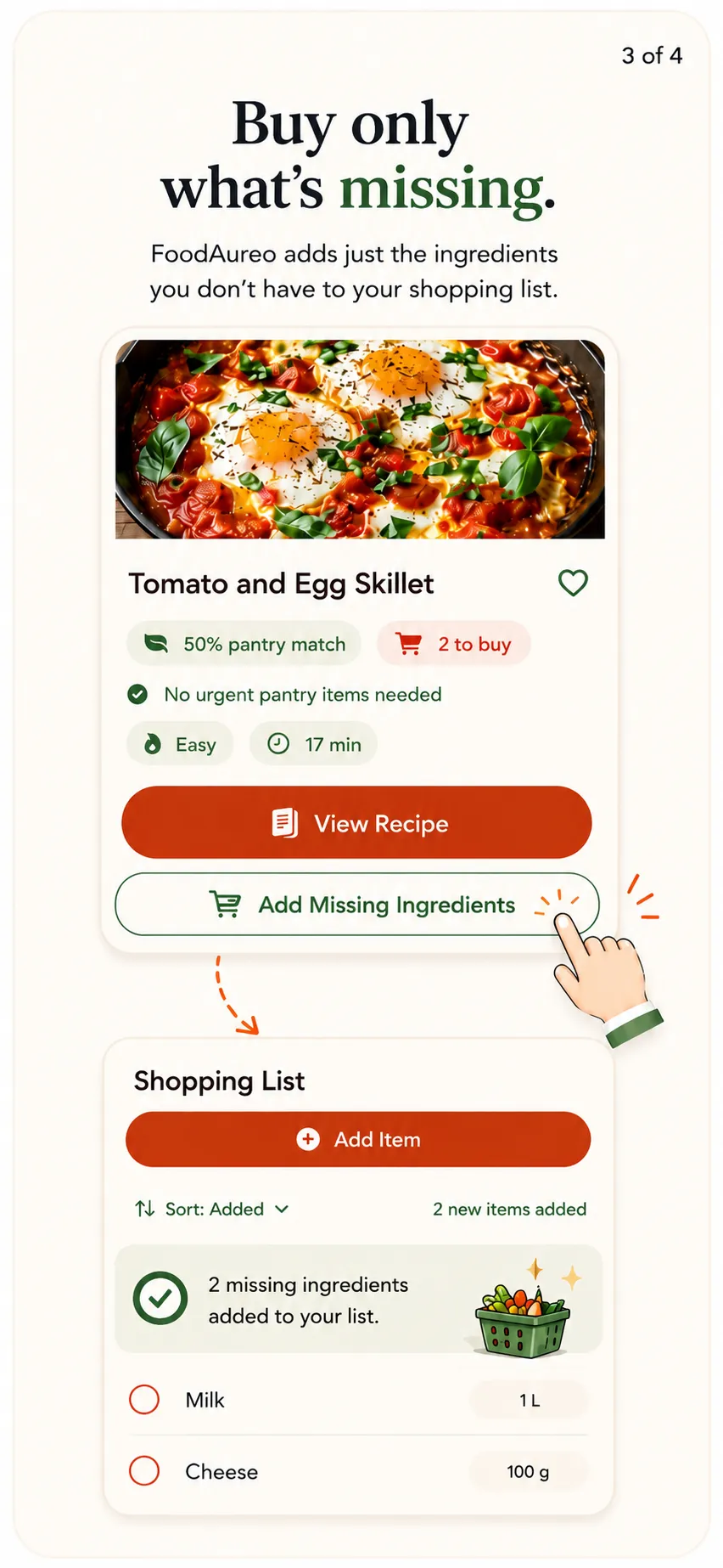 FoodAureo showing that only missing recipe ingredients are added to a shopping list